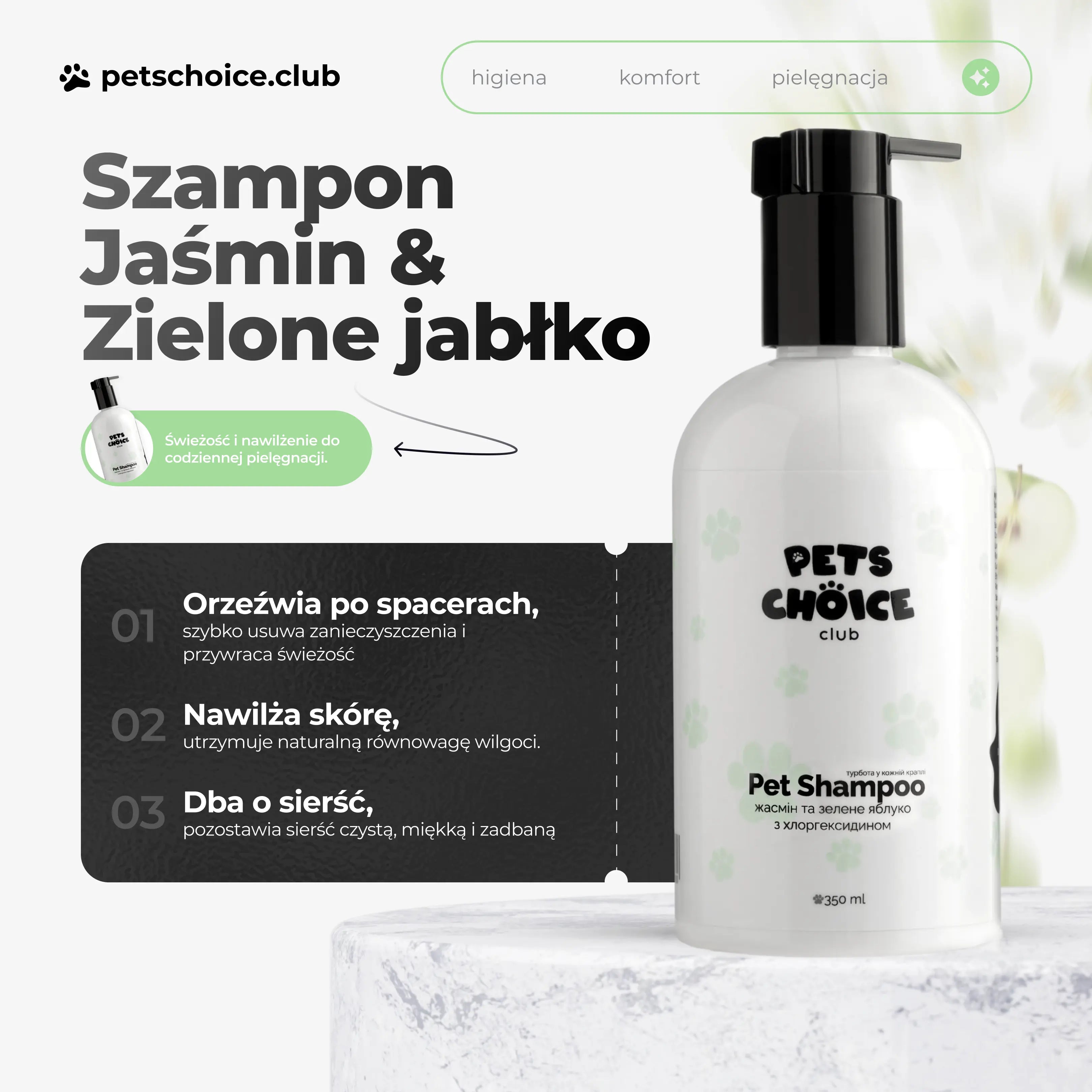 Szampon pielęgnacyjny dla psów, jaśmin i zielone jabłko, 350 ml