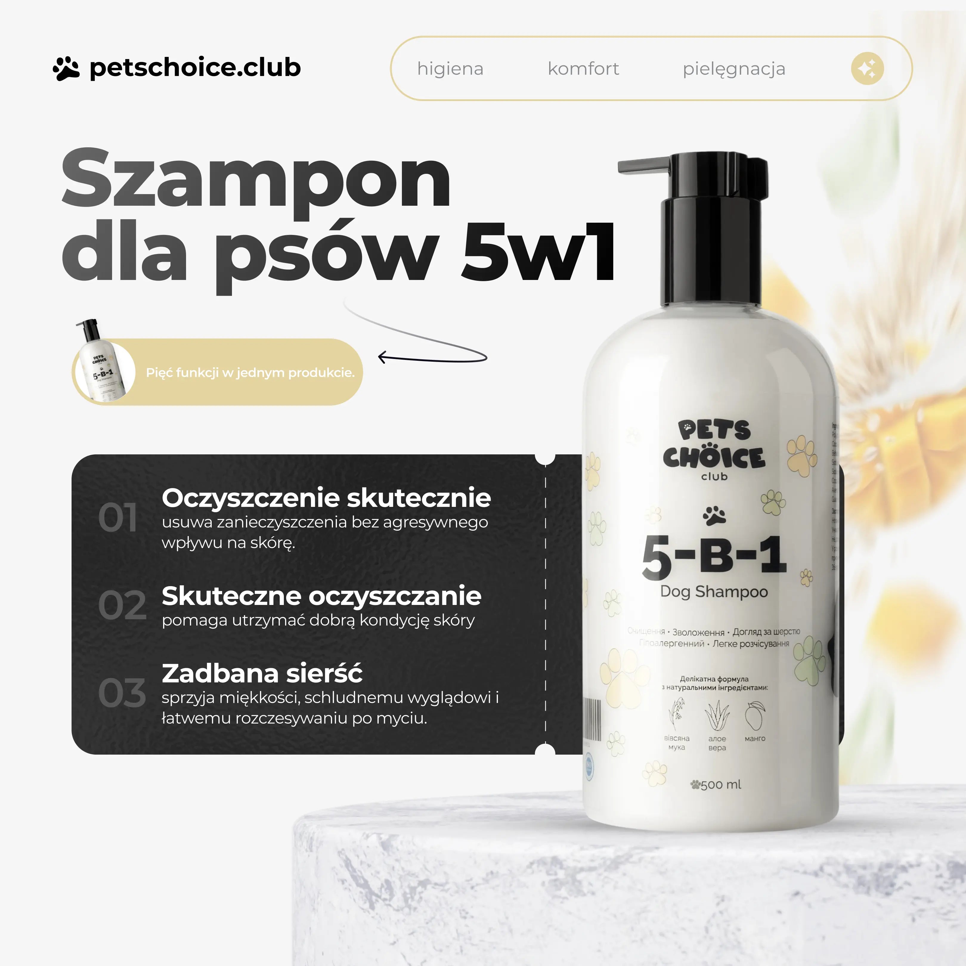 Szampon 5w1 pielęgnacyjny dla psów, zapach mango, 500 ml