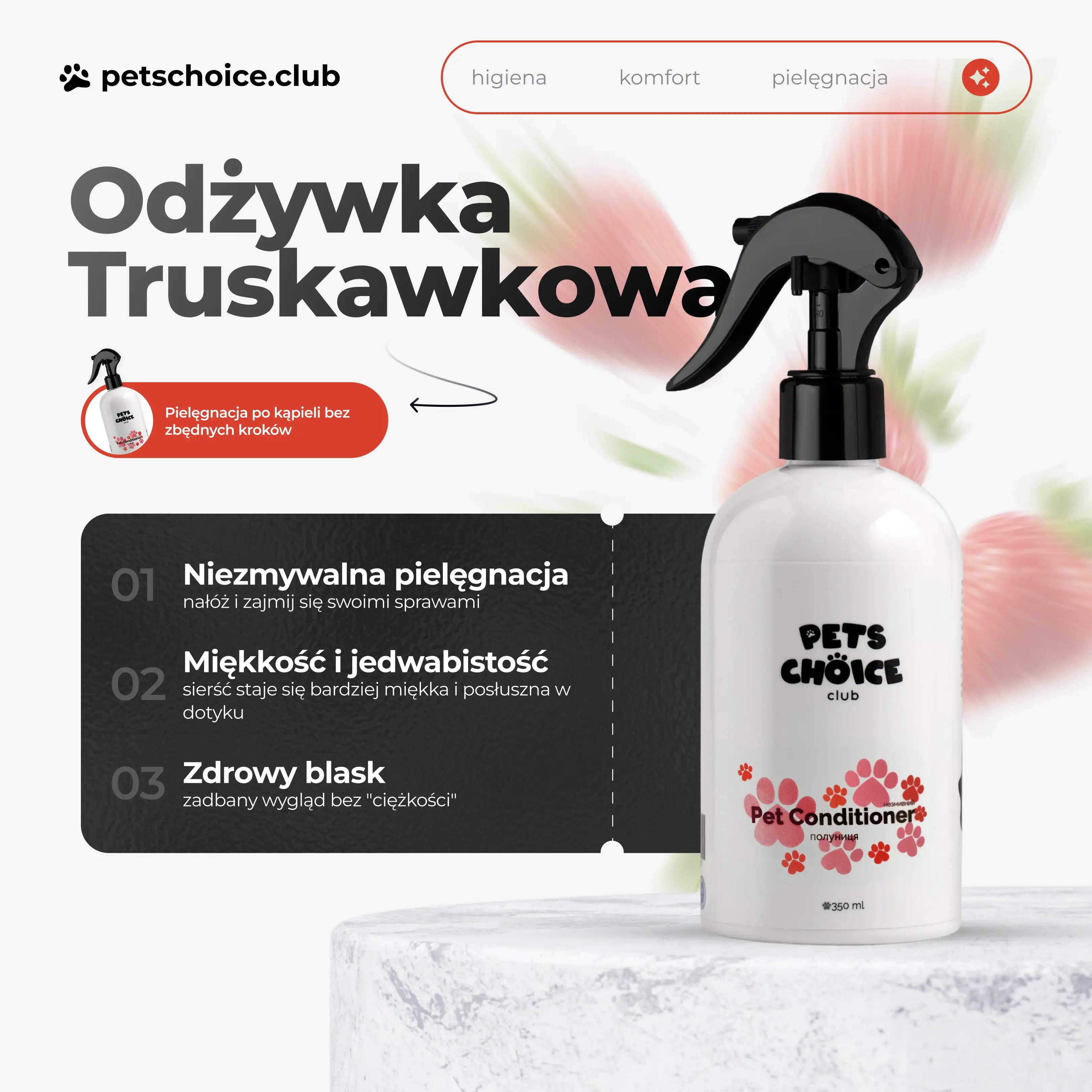 Odżywka w sprayu bez spłukiwania dla psów, zapach truskawkowy, 350 ml